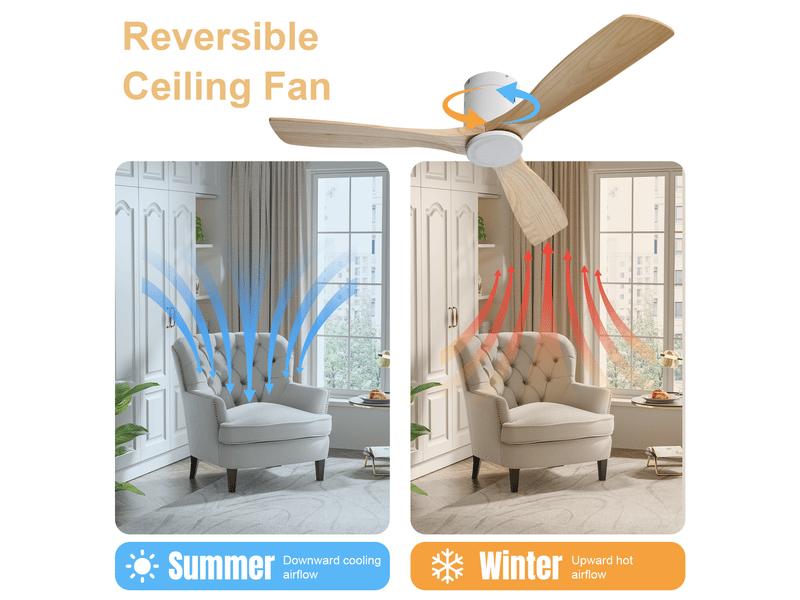  Ventilateur de plafond de 132 cm sans lumière avec 3 pales en bois massif télécommande 6 vitesses et minuterie  - Conforama D