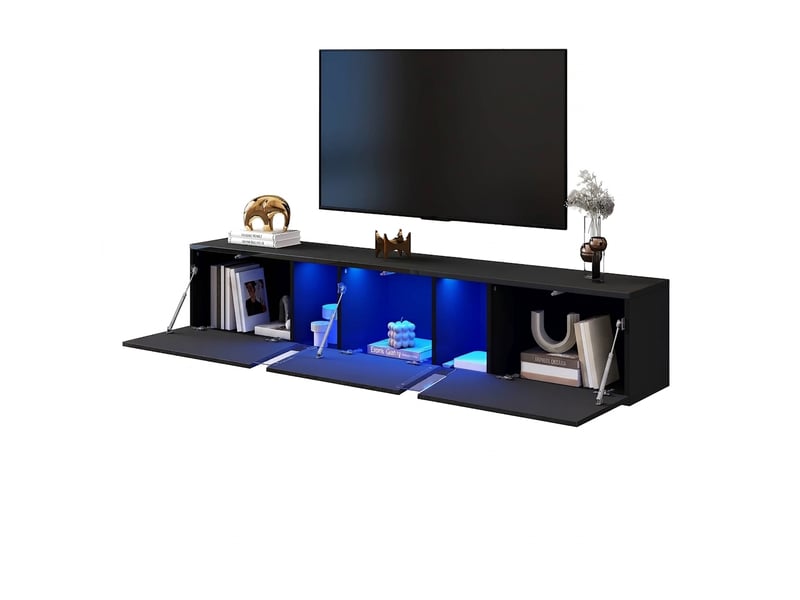  Meuble tv mural noir brillant 180 cm avec led et commande par application, pour tv jusqu'à 75 pouces  - Conforama A