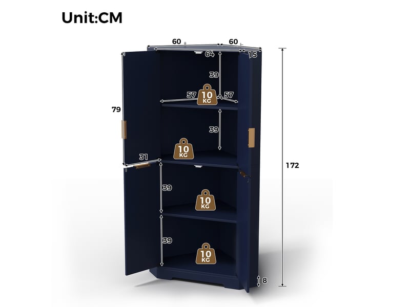 Buffet d'angle - 60x60x172cm - armoire colonne avec 4 portes cannelées ondulées, étagères réglables, anti-basculement - bleu  - Conforama E