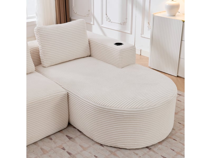  Canapé 2 places velours côtelé beige avec porte-gobelets 265 cm - compact et assise moelleuse  - Conforama D