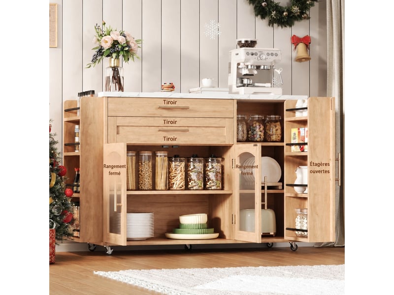  Îlot central de cuisine avec plan rabattable, 5 roulettes, rangements, 138 x 70 x 90 cm, bois naturel  - Conforama D