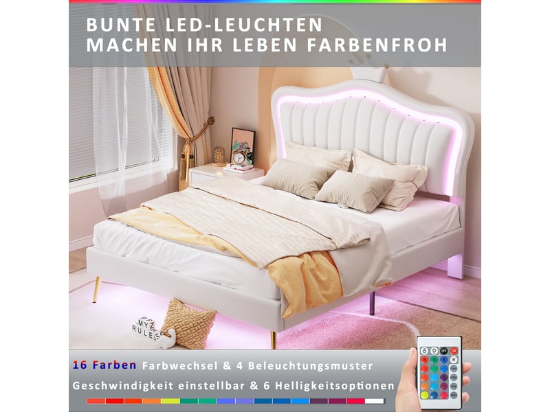  Lit enfant 140x200 cm blanc en similicuir pu, tête de lit couronne, led et sommier à lattes  - Conforama B