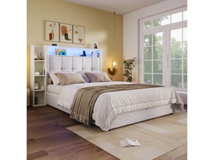 Lit capitonné 90x200 cm toile beige, rangement intégré, éclairage led, commande via app, port usb-c, sans matelas