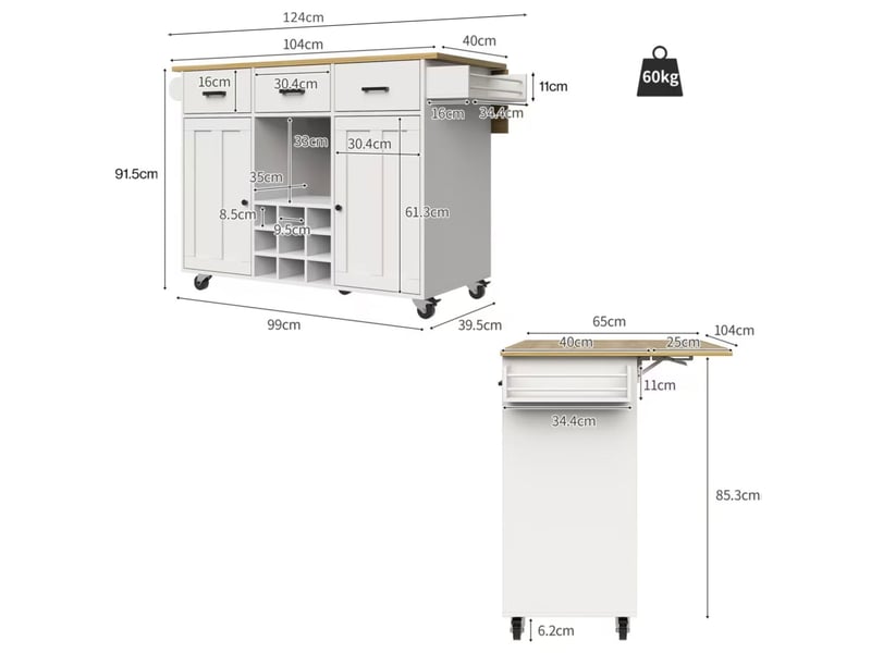  Îlot de cuisine 124x40x85.3cm, desserte avec 2 portes, 3 tiroirs, casier à vin, plateau pliable, mdf blanc  - Conforama D