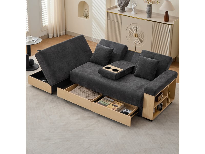  Canapé convertible, canapé-lit, en tissu chenille, gris, porte-gobelets, dossier réglable 3 positions, avec pouf, pour salon, 217 cm  - Conforama C