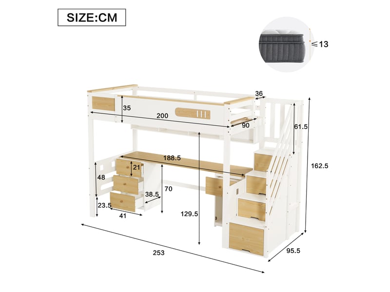  Lit mezzanine enfant 90 × 200 cm 1 place avec bureau, tiroirs et escalier de rangement, sans matelas, blanc et bois naturel  - Conforama D