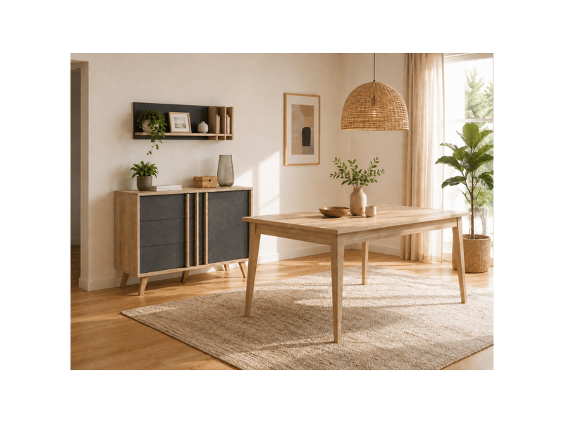 Salle à manger complète malmo avec table 160 cm, buffet haut et étagère murale – chêne clair et gris  - Conforama B