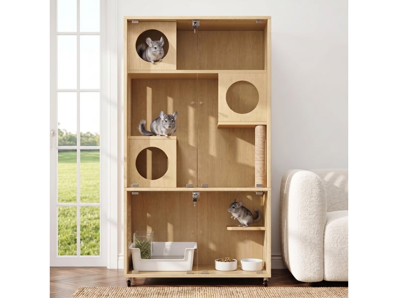  Meuble vitré mobile 90 x 50 x 166 cm, 3 niveaux, portes en verre trempé avec serrure, roulettes, finition bois naturel  - Conforama D