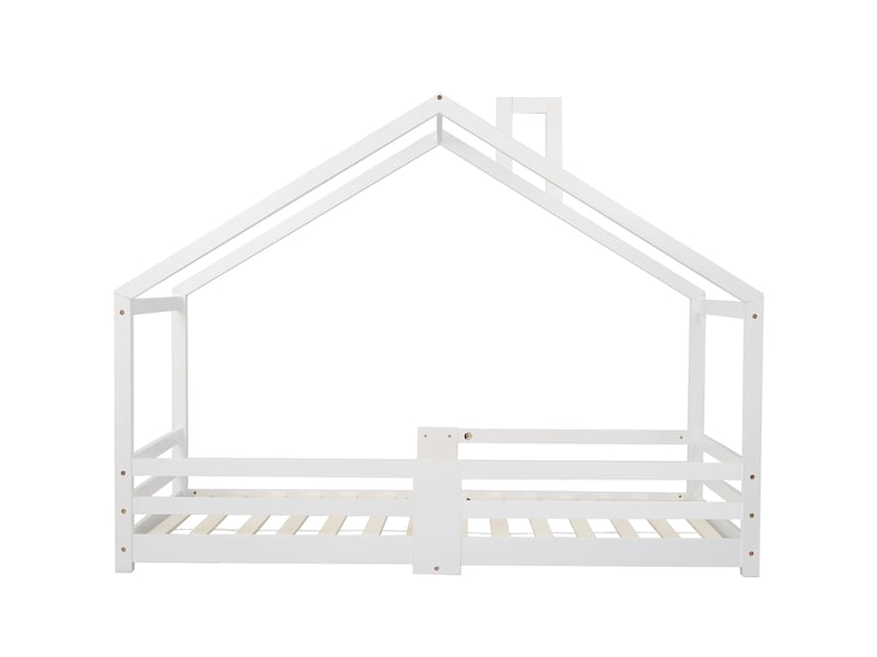 Lit enfant en forme de maison 90x200 cm avec cheminée, barrières anti-chute, lattes robustes, pin blanc - Conforama A
