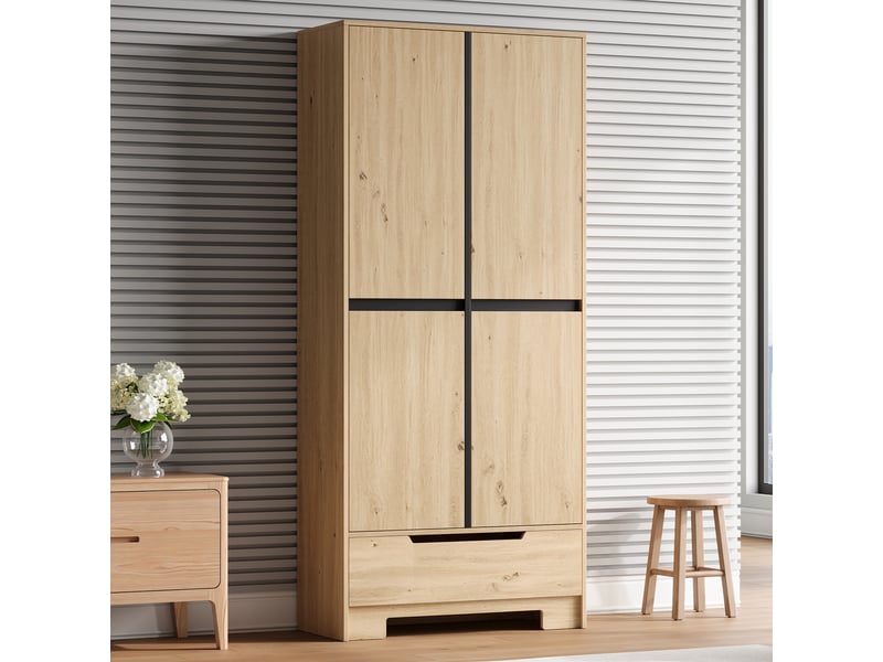  Armoire de rangement 2 portes et 1 tiroir, 80 x 35 x 180 cm, étagères réglables, rangements de porte et anti-basculement, mdf, couleur bois Morn Vibe - Conforama B