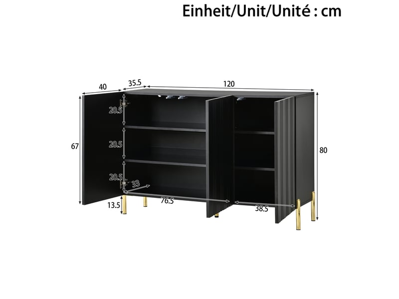  Buffet meuble à chaussures 120x35,5x80 cm, 3 portes rainures verticales, mdf et panneau de particules, noir, rangement  - Conforama C