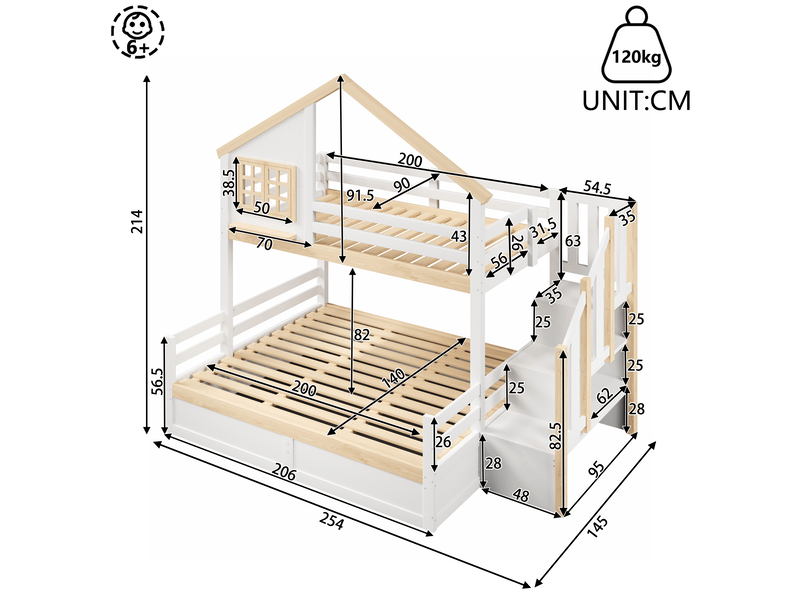  Lit superposé enfant 90x200 et 140x200 cm avec rangement hydraulique, blanc naturel  - Conforama C