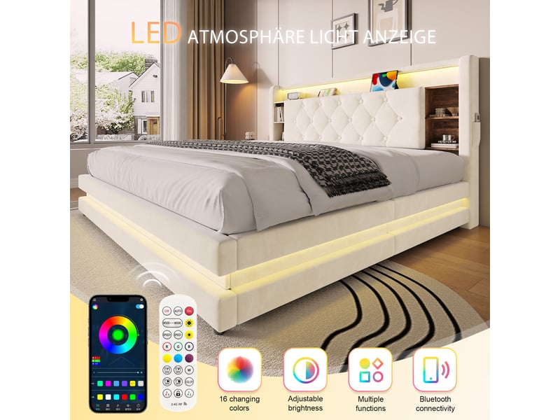  Lit coffre rembourré 160 x 200 cm, rangement hydraulique, tête de lit avec étagères, led, 2 usbtype-c, sommier à lattes, velours, beige Seren Glow - Conforama E