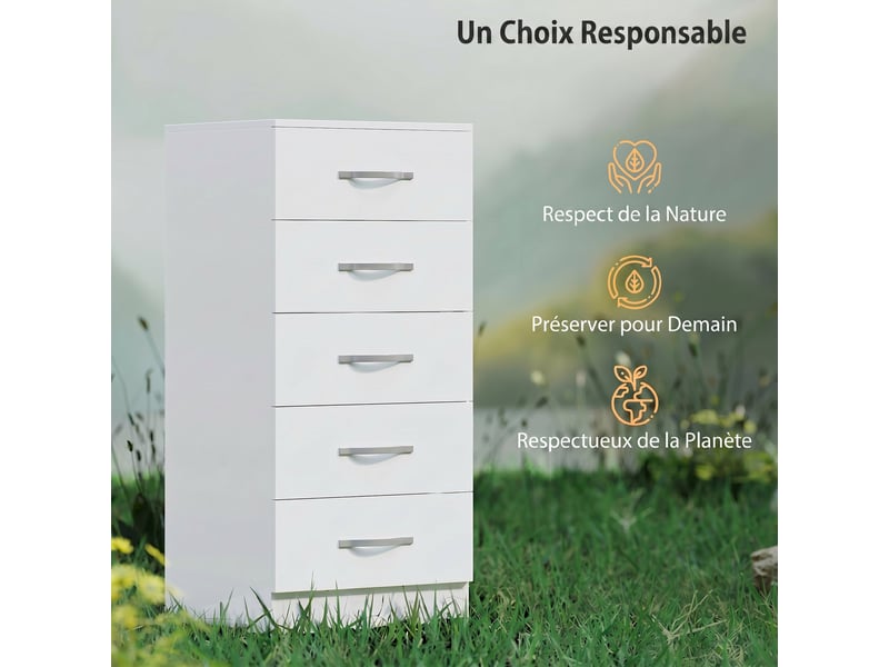  Commode 5 tiroirs, meuble de rangement étroit, style moderne, pour chambre à coucher, salon, couloir, blanc, 40x35x85cm  - Conforama R