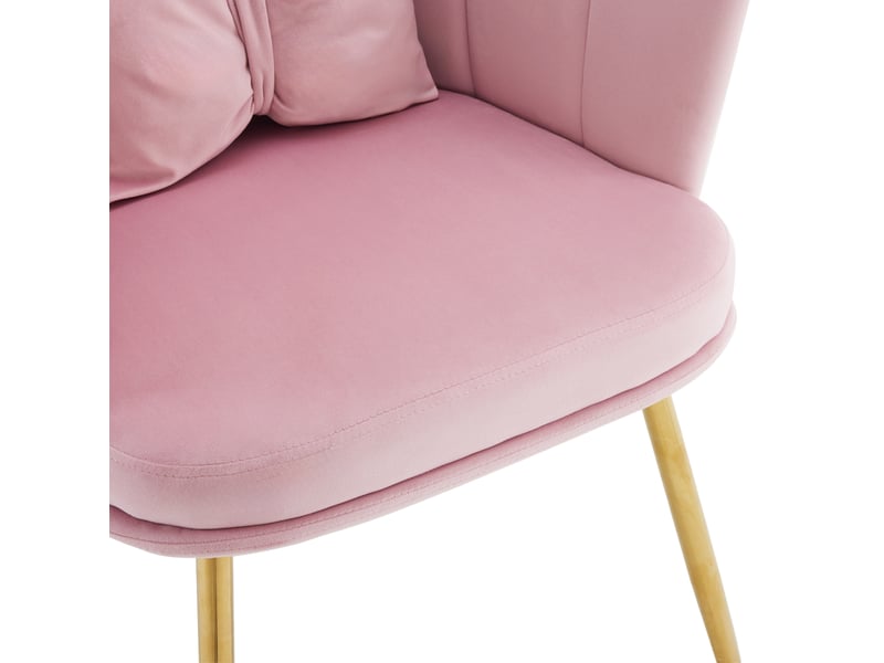 Set de 6 chaises modernes en velours rose avec dossier en pétale, coussins papillon et pieds en métal doré - Conforama D
