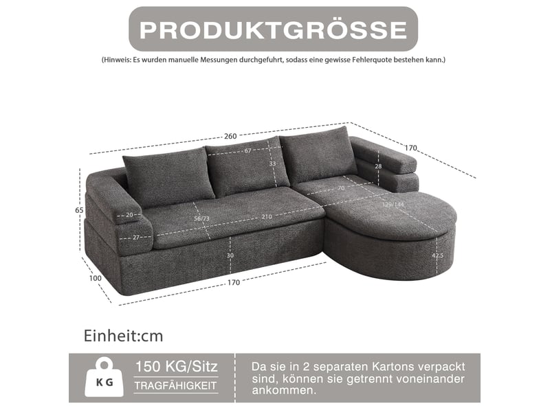  Canapé d'angle 3 places avec méridienne, accoudoirs à paliers et coussins épais, en tissu anthracite 260 × 170 × 65 cm  - Conforama E