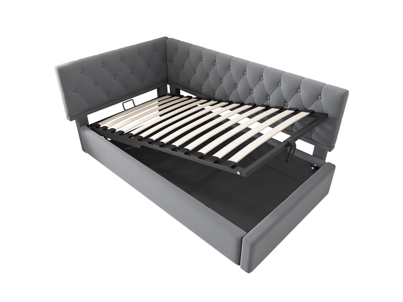  Lit enfant 90x200 cm coffre avec tête modulable, velours, gris, sans matelas  - Conforama D