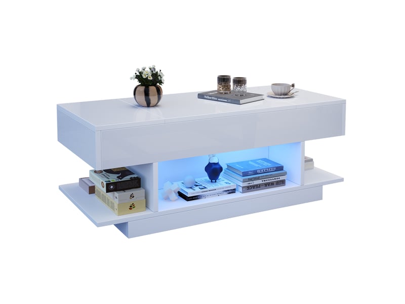  Table basse relevable 98 x 45 cm avec led, rangements et plateau blanc  - Conforama A