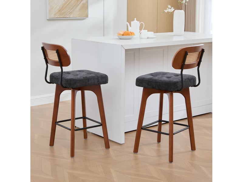Lot de 2 tabourets de bar pivotants 360° noirs en tissu, dossier en paille et repose-pieds, style mid-century moderne - Conforama E