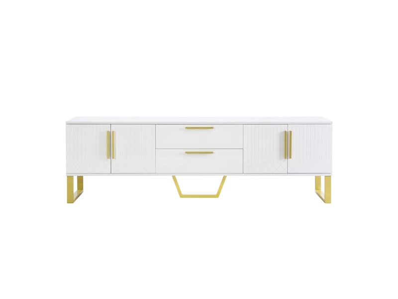  Meuble tv 170x40x53,5 cm, 4 portes de rangement avec tiroirs centrauxsculptés, structure mdf, blanc et accents dorés  - Conforama A