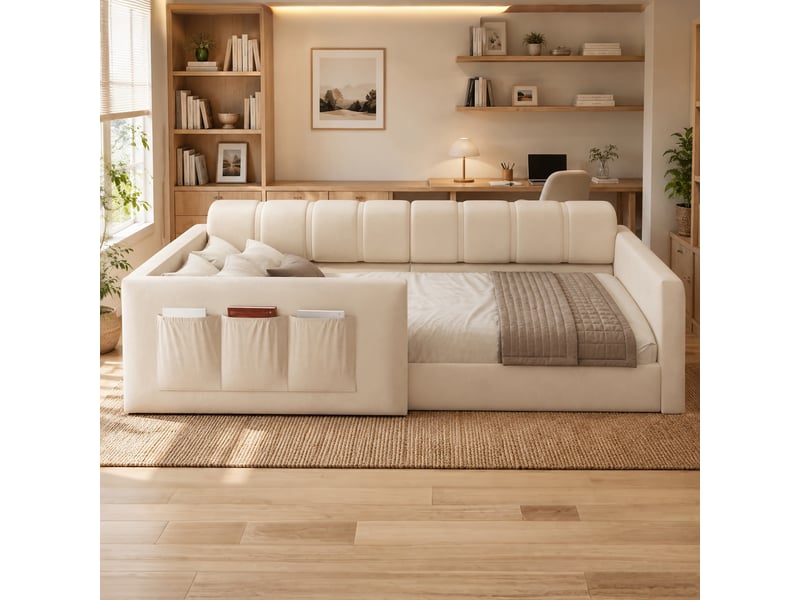  Lit banquette enfant 90x200 cm avec tête de lit rembourrée épaisse poches latérales lit rembourré avec rangement velours beige BUYDEEMEUS - Conforama B