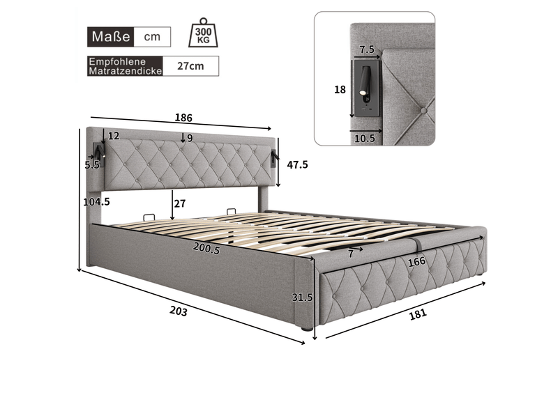  Lit rembourré tcqpz 180 x 200 cm avec rangement, downlight, usb, sommier à lattes, tête de lit à motif losange, lin gris  - Conforama C