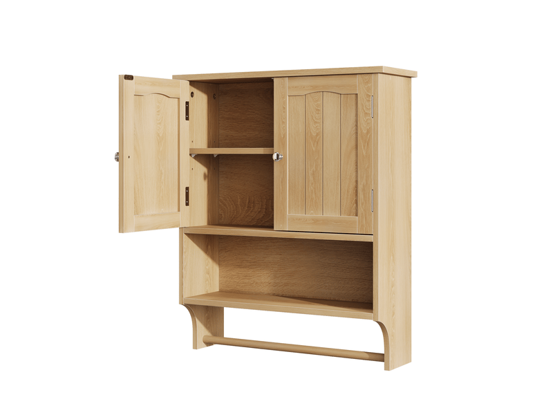  Armoire murale de salle de bains à 2 portes en mdf bois clair, avec niche ouverte et porte-serviettes intégré  - Conforama D