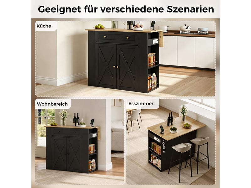 Desserte de cuisine avec plan rabattable, 1 tiroir, étagères latérales et prises en mdf noir 120×75×97 cm - Conforama E