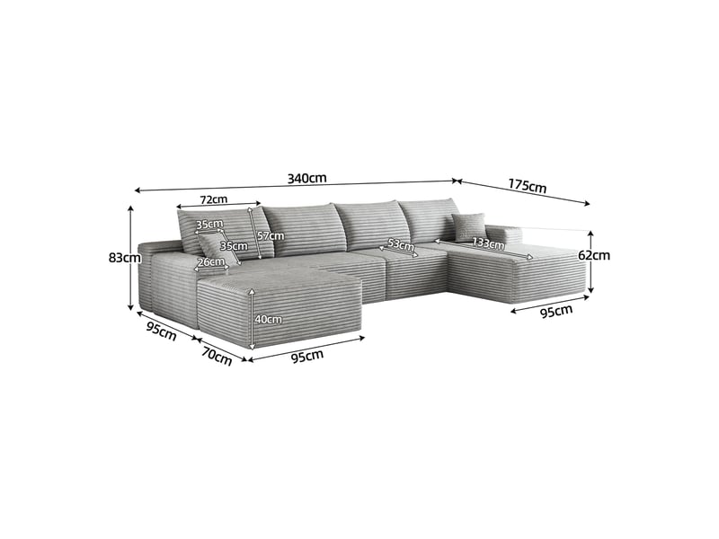 Canapé modulable d’angle en mousse 340 cm, méridienne en l, velours côtelé, assise profonde – gris IKSETERA TRADING LTD - Conforama C