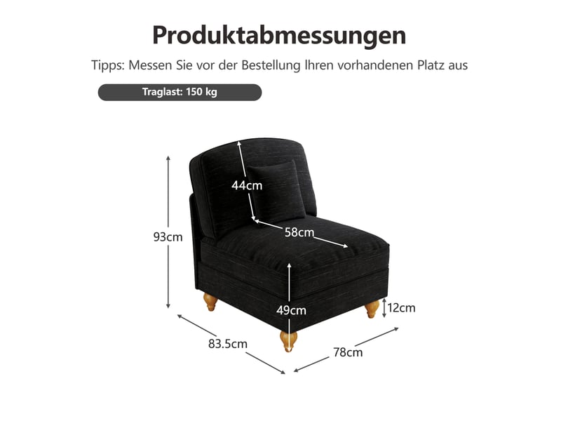  Fauteuil avec pouf en tissu chenille avec jupe amovible et dossier rembourré, noir  - Conforama C