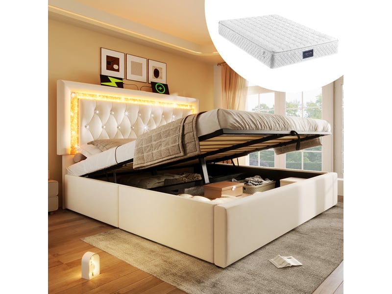  Modenvie lit coffre 140x200 cm - led intégrée, ports usb et usb-c, matelas inclus - beige  - Conforama B