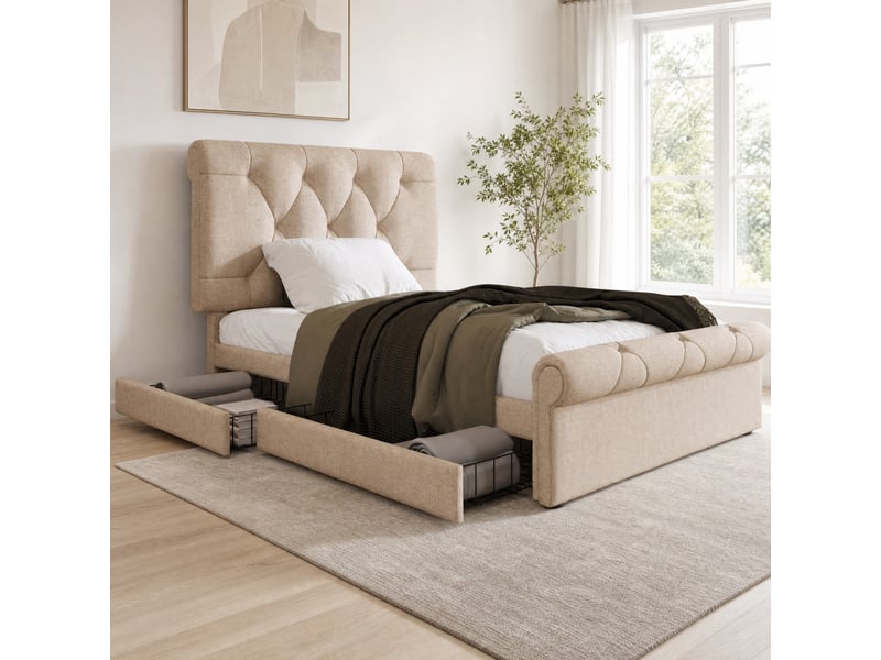  Lit avec tiroirs, lit simple 90x200 cm avec 2 tiroirs et tête réglable, matelas inclus, coloris naturel  - Conforama C