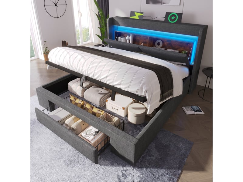  Lit coffre 180x200 cm, rangement hydraulique, tiroirs, tête de lit avec rangement, éclairage led, usb et usb-c pour chambre - gris  - Conforama E