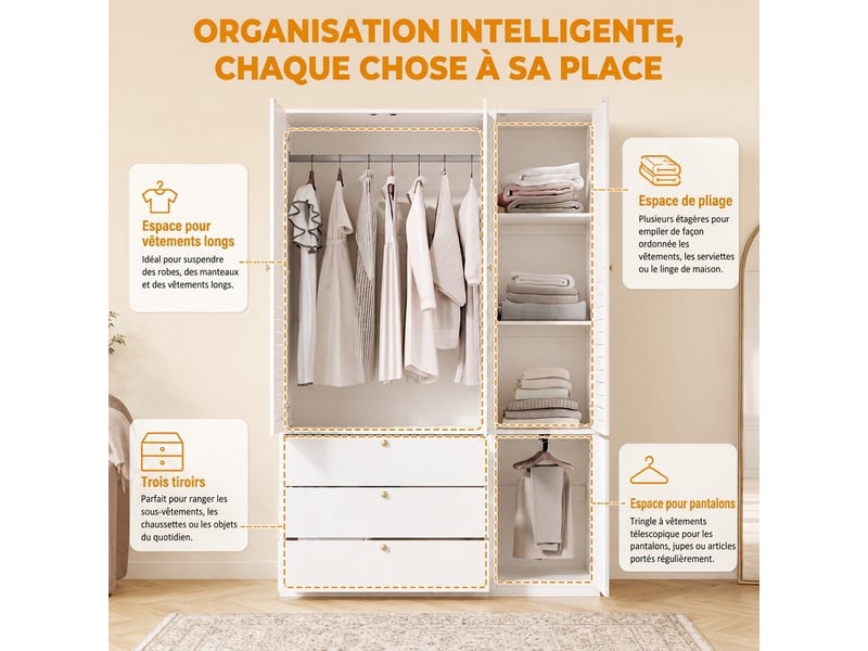  Armoire 10 portes chêne clair 225 cm avec 3 tiroirs et 2 tringles  - Conforama C