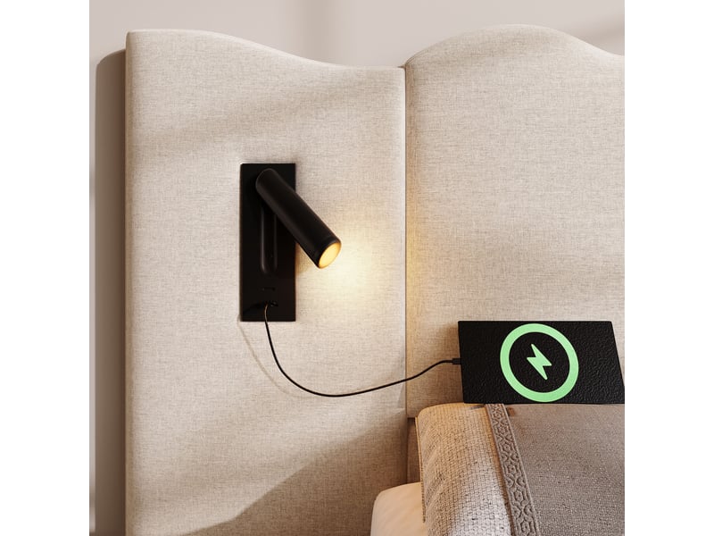  Lit coffre adulte 160x200 cm – beige – avec matelas, lampes orientables et ports usb-c de recharge intégrés  - Conforama E