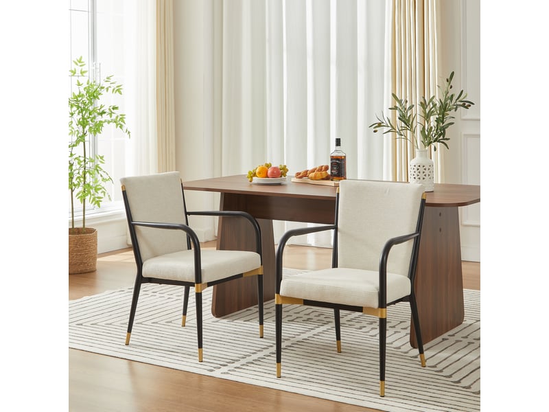  Chaises de salle à manger lot de 2 avec accoudoirs  - pieds réglables, tissu beige  - Conforama C
