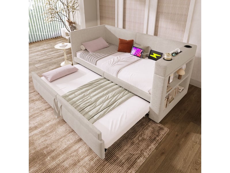  Lit gigogne 90 x 200 cm structure rembourrée fonction canapé-lit accoudoirs intégrés ports de charge usb et usb-c porte-gobelet intégré revêtement en mélange de lin coloris beige  - Conforama B