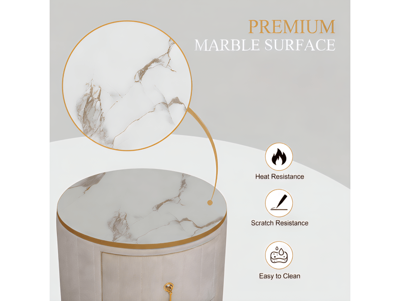 Table de chevet à 3 tiroirs en velours avec plateau effet marbre et finitions dorées pour chambre blanc - Conforama E