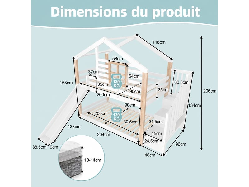  Lit superposé enfant avec toboggan, escalier et rangement, bois massif blanc et naturel, 2 couchages 90 x 200 cm  - Conforama C