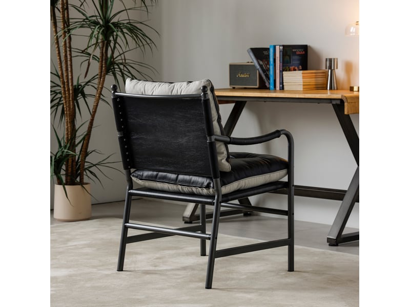  Fauteuil d'accent en cuir avec accoudoirs et structure métallique noire, style moderne pour salon  - Conforama C