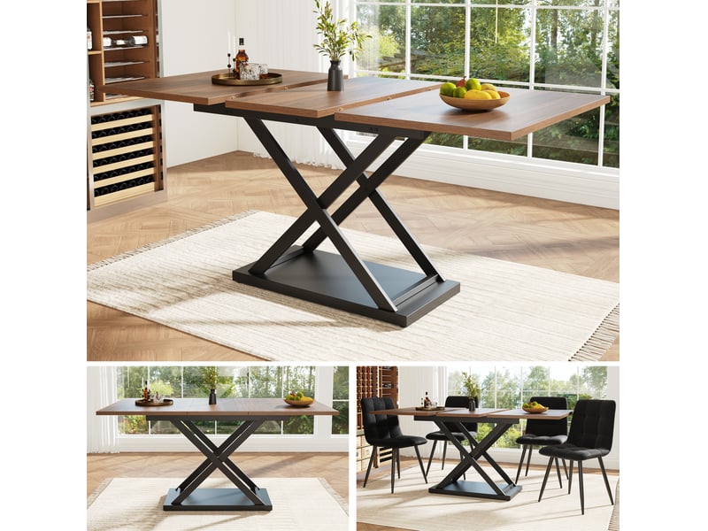  Table à manger extensible 120-160x80x75cm, style croisé, panneau aggloméré et structure métallique finition noyer noir, meuble moderne pour cuisine et salon  - Conforama D