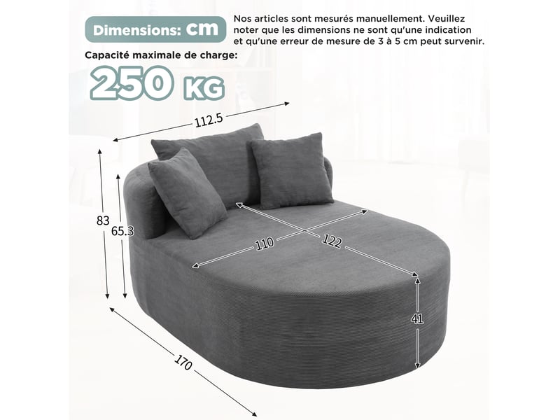  Fauteuil relax ovale 170x112,5x83 cm gris foncé en velours côtelé, assise profonde sans montage  - Conforama C