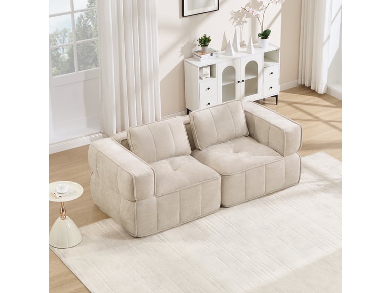  Canapé modulable 2 places – canapé en mousse haute densité 32d, assise profonde, dossier rembourré, structure sans cadre, tissu polyester doux, coussins inclus, beige  - Conforama B