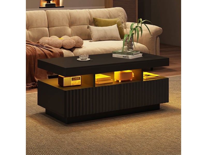  Table basse noir avec led 100x50x45 cm 2 tiroirs rayures verticales  - Conforama B