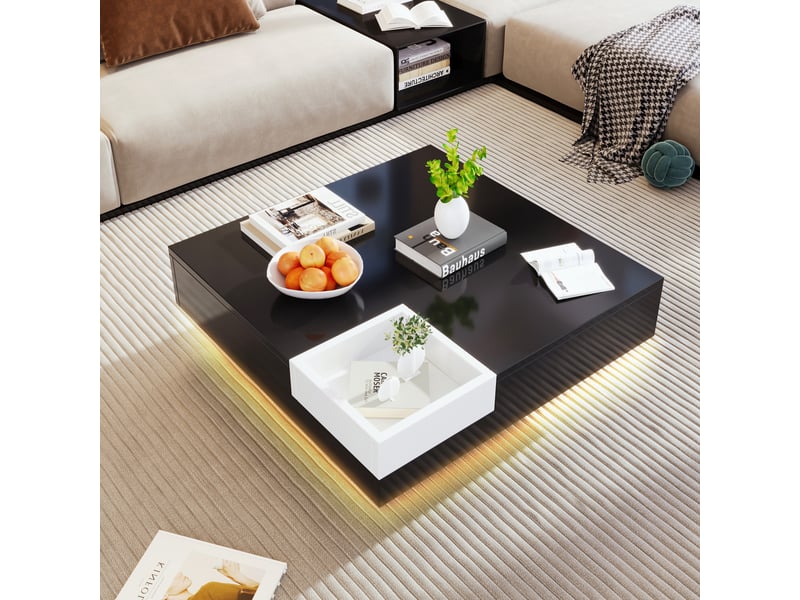  Table basse avec boîte de rangement amovible et led, finition brillante, en panneau de particules, noir, 72×72×30 cm - uvrion  - Conforama D