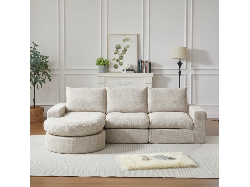  Canapé d'angle modulable 3 places avec méridienne réversible et coussins de nuque en chenille beige  - Conforama E