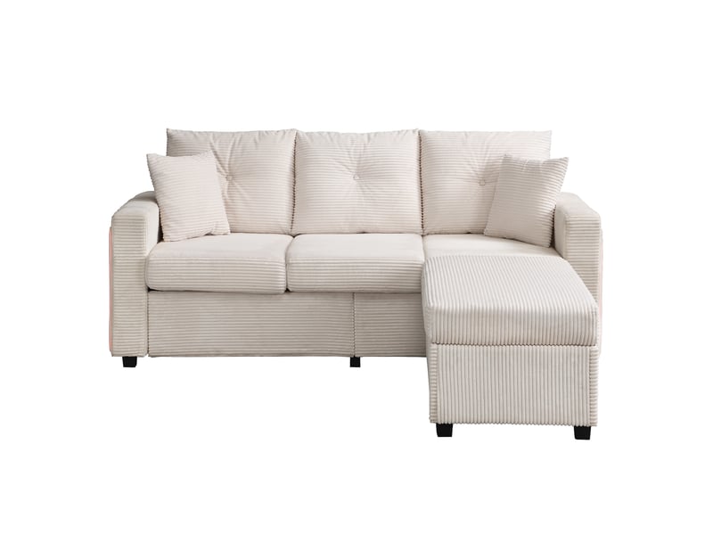 Canapé-lit, 184 × 84,5 × 85,5 cm, beige, velours côtelé, 3 places, forme l, modules reconfigurables, pour salon et appartement - Conforama A