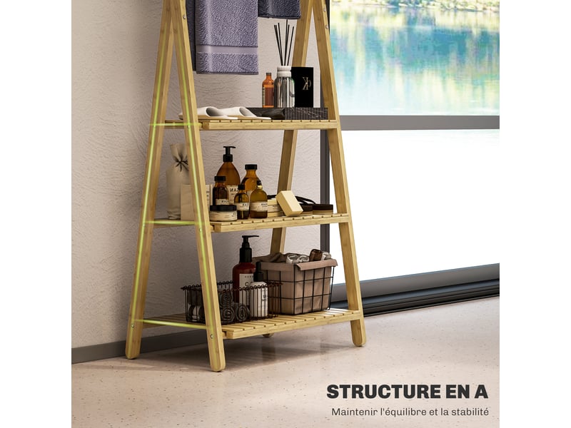  Étagère salle de bain en bambou pliable 3 niveaux étagère à échelle porte-serviettes 53,5x30x153cm effet bois naturel  - Conforama W