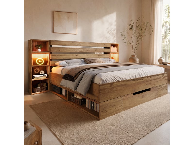  Lit double 180x200 cm avec rangement, led, usb-c, tiroirs et tête de lit chêne  - Conforama B