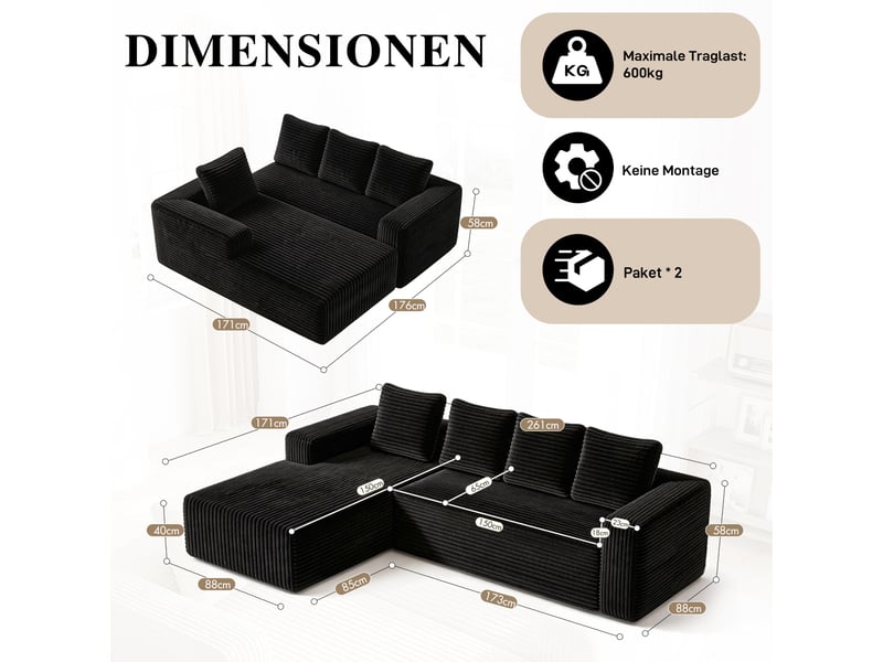  Canapé d'angle modulaire avec méridienne réversible, sans montage, en velours côtelé noir 261 × 168 × 58 cm  - Conforama D